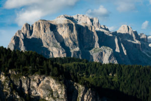 Dolomites, Sella Group, Piz Gralba, Piz Sella, Sella Towers, aerial view, Fassa Valley, Campitello, Trentino, Italy Dolomites, Sella Group, Piz Gralba, Piz Sella, Sella Towers, aerial view, Fassa Valley, Campitello, Trentino, Italy